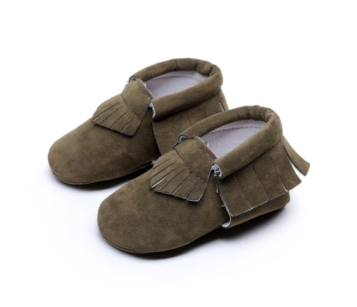 Newborn Baby PU Suede Moccasins Soft Shoes Fringe Soft Soled Shoes First Walker, Length: 14.5(Army green)