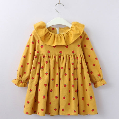 Girls Print Long Horned Sleeve Dress Princess Dress 120cm(Yellow Dots)