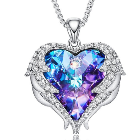 Women Fashion Angel Wings Crystals Heart Necklaces(Purple)