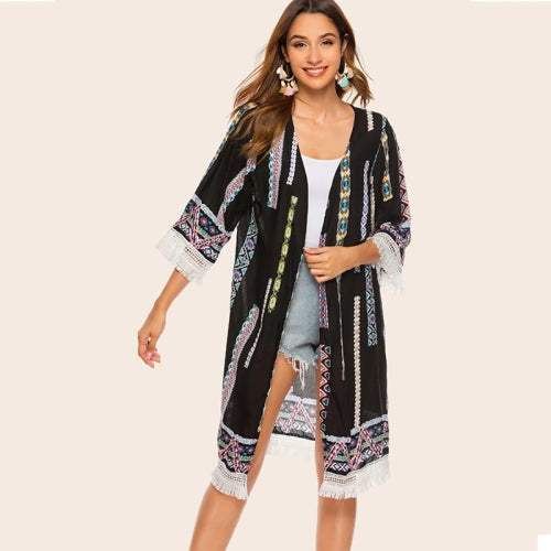 National Style V-neck Tassel Print Long Shawl Coat (Black)