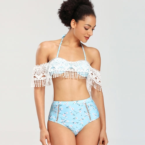 Women High Waist Lace Split Bikini Swimsuit (Color:Sky Blue Size:S)