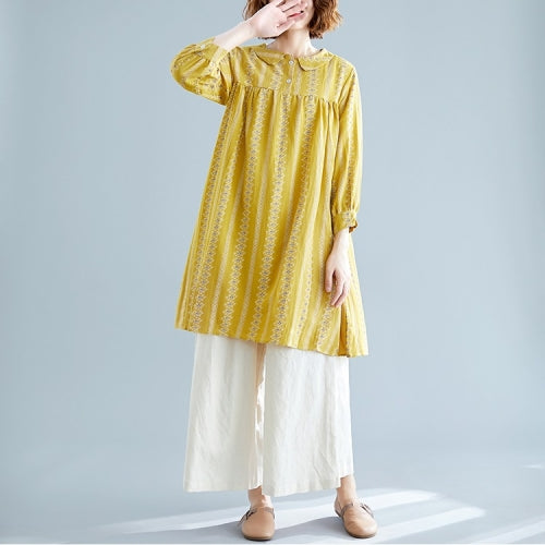 Large Size Loose And Thin Mid-length Linen Cotton Printed Dress (Color:Yellow Size:XXL)