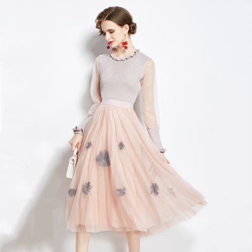 Early Autumn Knitted Net Yarn Stitching Top + Temperament 3D Three-dimensional Flower Fairy Skirt Two-piece Suit (Color:Pink Size:XL)