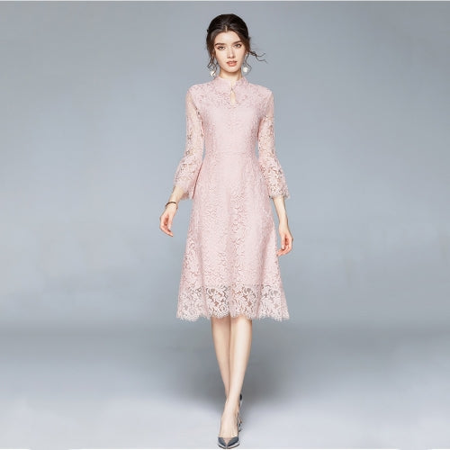 Fashion Lace Ruffled Sleeve Mid-length Dress (Color:Pink Size:M)